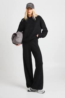 Chunky Gebreide Kraagdetail Oversized Gebreide Trui En Wijde Pijpen Broekencombi, Black - M