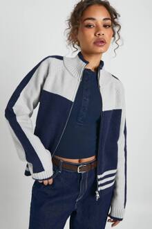 Chunky Gebreide Trui Met Hoge Kraag, Gestreepte Zoom En Ritssluiting, Navy - L