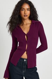 Chunky Geribbelde Gebreide Cardigan Met Kraag, Aubergine
