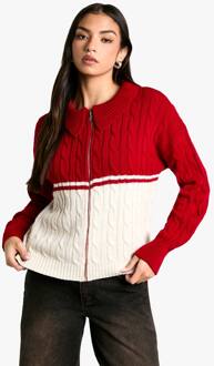 Chunky Knit Cable Detail Zip Through Collared Sweater, Red - M