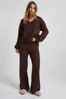Chunky Knit Extreme V-Neck Trui En Wijde Pijp Broek Gebreide Co-Ord, Choc Brown - S