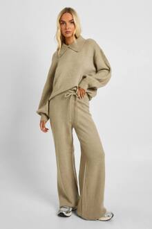 Chunky Knit Kraagdetail Oversized Gebreide Trui En Broek Met Wijde Pijpen Co-Ord, Taupe - S