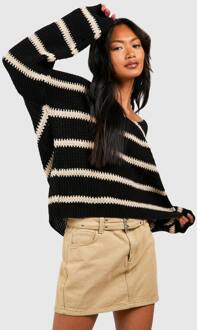 Chunky Oversized Gestreepte V-Hals Trui, Black - S