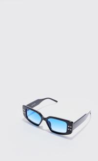 Chunky Rectangle Sunglasses With Blue Lens In Black, Black - ONE SIZE