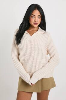 Chunky Stitch Gebreide Trui Met Kraag, Ecru - L