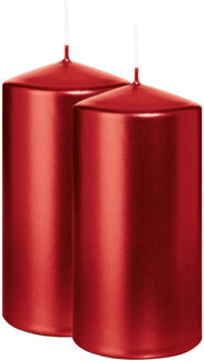 Cilinderkaars/stompkaars - 2x - metallic rood - 12 x 6 cm - 33 branduren