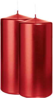 Cilinderkaars/stompkaars - 2x - metallic rood - 15 x 7 cm - 63 branduren