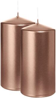 Cilinderkaars/stompkaars - 2x - metallic ros?goud - 12 x 6 cm - 33 branduren