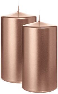 Cilinderkaars/stompkaars - 2x - metallic ros?goud - 13 x 7 cm - 52 branduren