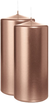 Cilinderkaars/stompkaars - 2x - metallic ros? goud - 15 x 7 cm - 63 branduren