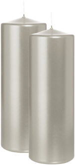 Cilinderkaars/stompkaars - 2x - metallic zilver - 20 x 7 cm - 103 branduren