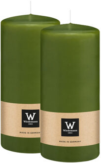 Cilinderkaars/stompkaars - 2x - olijfgroen - 15 x 7 cm - 63 branduren