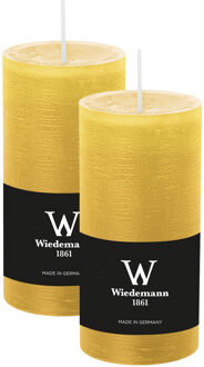 Cilinderkaars/stompkaars - 2x - rustieke kaars - okergeel - 6 x 12 cm - 42 branduren