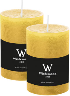 Cilinderkaars/stompkaars - 2x - rustieke kaars - okergeel - 7 x 10 cm - 43 branduren