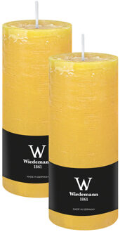 Cilinderkaars/stompkaars - 2x - rustieke kaars - okergeel - 7 x 16 cm - 66 branduren