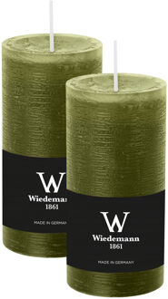 Cilinderkaars/stompkaars - 2x - rustieke kaars - olijfgroen - 6 x 12 cm - 42 branduren