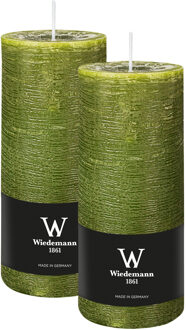 Cilinderkaars/stompkaars - 2x - rustieke kaars - olijfgroen - 7 x 16 cm - 66 branduren