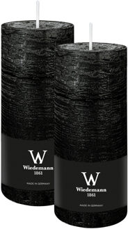 Cilinderkaars/stompkaars - 2x - rustieke kaars - zwart - 7 x 16 cm - 66 branduren