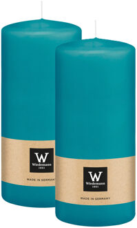 Cilinderkaars/stompkaars - 2x - turquoise blauw - 15 x 7 cm - 63 branduren