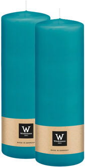Cilinderkaars/stompkaars - 2x - turquoise blauw - 20 x 7 cm - 103 branduren
