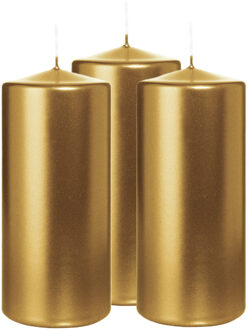 Cilinderkaars/stompkaars - 3x - metallic goud - 15 x 7 cm - 63 branduren