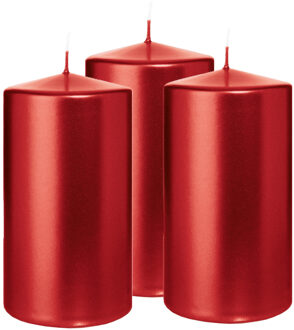Cilinderkaars/stompkaars - 3x - metallic rood - 13 x 7 cm - 52 branduren