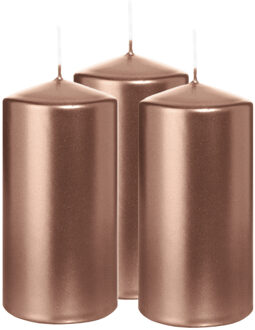 Cilinderkaars/stompkaars - 3x - metallic ros?goud - 12 x 6 cm - 33 branduren