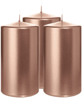 Cilinderkaars/stompkaars - 3x - metallic ros?goud - 13 x 7 cm - 52 branduren