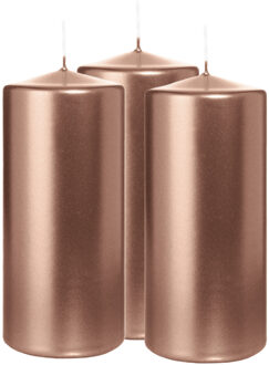 Cilinderkaars/stompkaars - 3x - metallic ros? goud - 15 x 7 cm - 63 branduren