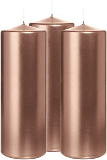 Cilinderkaars/stompkaars - 3x - metallic ros? goud - 20 x 7 cm - 103 branduren