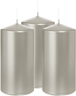 Cilinderkaars/stompkaars - 3x - metallic zilver - 12 x 6 cm - 33 branduren