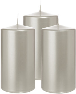 Cilinderkaars/stompkaars - 3x - metallic zilver - 13 x 7 cm - 52 branduren