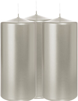 Cilinderkaars/stompkaars - 3x - metallic zilver - 15 x 7 cm - 63 branduren