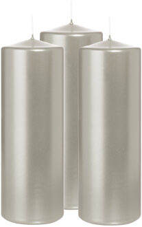 Cilinderkaars/stompkaars - 3x - metallic zilver - 20 x 7 cm - 103 branduren