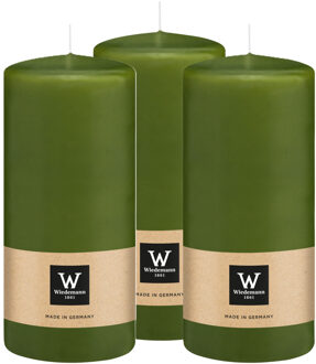 Cilinderkaars/stompkaars - 3x - olijfgroen - 15 x 7 cm - 63 branduren