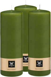 Cilinderkaars/stompkaars - 3x - olijfgroen - 20 x 7 cm - 103 branduren