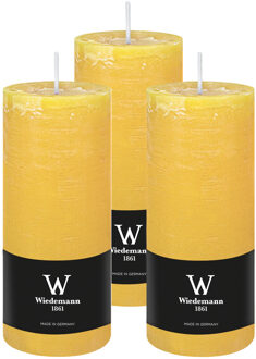Cilinderkaars/stompkaars - 3x - rustieke kaars - okergeel - 7 x 16 cm - 66 branduren