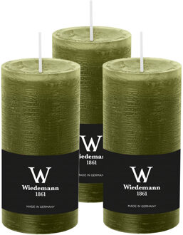 Cilinderkaars/stompkaars - 3x - rustieke kaars - olijfgroen - 6 x 12 cm - 42 branduren