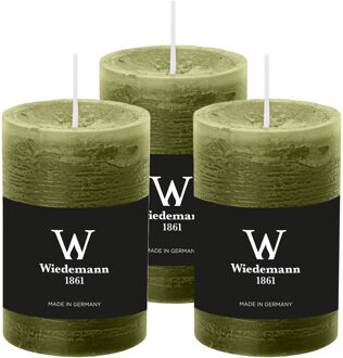 Cilinderkaars/stompkaars - 3x - rustieke kaars - olijfgroen - 6 x 9 cm - 30 branduren
