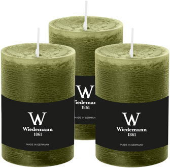 Cilinderkaars/stompkaars - 3x - rustieke kaars - olijfgroen - 7 x 10 cm - 43 branduren