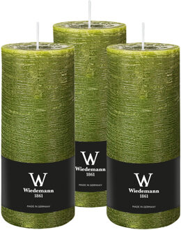 Cilinderkaars/stompkaars - 3x - rustieke kaars - olijfgroen - 7 x 16 cm - 66 branduren