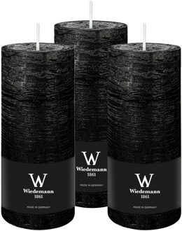 Cilinderkaars/stompkaars - 3x - rustieke kaars - zwart - 7 x 16 cm - 66 branduren