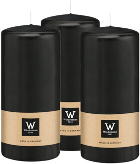 Cilinderkaars/stompkaars - 3x - zwart - 15 x 7 cm - 63 branduren