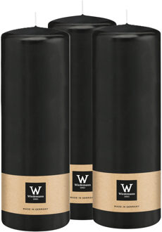 Cilinderkaars/stompkaars - 3x - zwart - 20 x 7 cm - 103 branduren