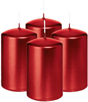 Cilinderkaars/stompkaars - 4x - metallic rood - 6 x 8 cm - 29 branduren