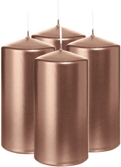 Cilinderkaars/stompkaars - 4x - metallic ros?goud - 12 x 6 cm - 33 branduren
