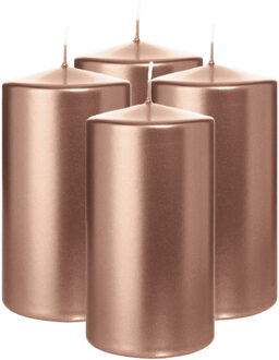 Cilinderkaars/stompkaars - 4x - metallic ros?goud - 13 x 7 cm - 52 branduren