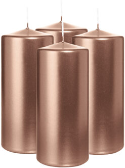 Cilinderkaars/stompkaars - 4x - metallic ros? goud - 15 x 7 cm - 63 branduren