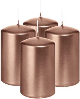 Cilinderkaars/stompkaars - 4x - metallic ros?goud - 6 x 8 cm - 29 branduren