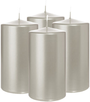 Cilinderkaars/stompkaars - 4x - metallic zilver - 13 x 7 cm - 52 branduren